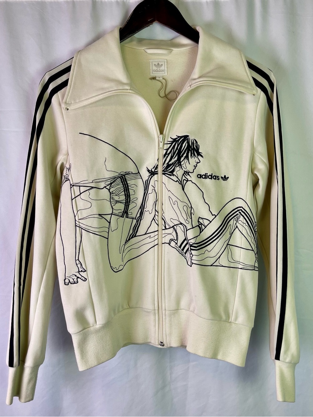 Vintage Europe Adidas Cream and Black Graphic Zip-Up Track Jacket Size Large